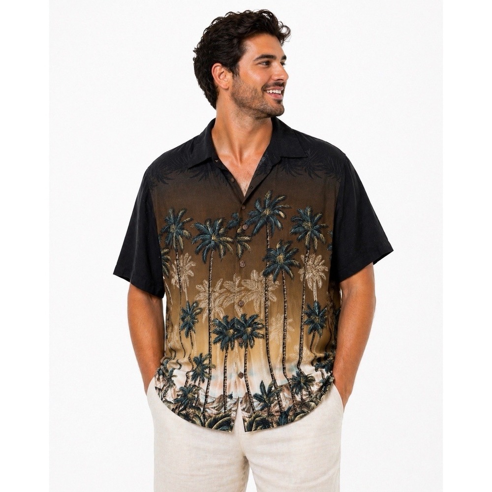 Batik Bay Hawaiian Shirt Mens L Palm Tree Rayon Button Up Tropical Resort